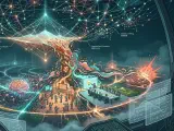 A vibrant, abstract illustration visually representing the concept of 'self-organized criticality.' The image could feature a dynamic equilibrium, perhaps a delicate and intricate network or a cityscape at dusk, where elements appear both stable and on the verge of spontaneous rearrangement. Swirling patterns or energy flows suggest constant, adaptive motion, balancing structured order with the vibrant potential for change and innovation, akin to a sandpile on the brink of an avalanche, conveying a state of optimal dynamism and alertness.