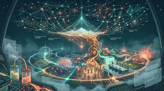 一幅充满活力且抽象的插画,视觉化地呈现了“自组织临界”的概念。画面可能展现一种动态平衡,例如一个精致复杂的网络或黄昏时的城市景观,其中元素既显得稳定又似乎处于自发重组的边缘。旋涡状的图案或能量流暗示着持续的、适应性的运动,平衡着有组织的秩序与充满活力的变革和创新潜力,犹如即将发生雪崩的沙堆,传达出一种最佳活力和警觉状态。
