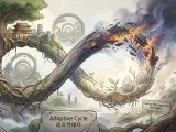 A metaphorical image depicting the Adaptive Cycle as an infinity symbol, where one loop shows a flourishing, stable system gradually developing hidden cracks or rigidities, while the other loop illustrates the breaking down of old structures giving rise to new shoots or emerging forms of life. The image suggests a continuous cycle of growth, decline, collapse, and renewal, with elements representing both the vulnerability of stability and the generative power of destruction.