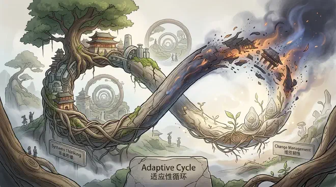 A metaphorical image depicting the Adaptive Cycle as an infinity symbol, where one loop shows a flourishing, stable system gradually developing hidden cracks or rigidities, while the other loop illustrates the breaking down of old structures giving rise to new shoots or emerging forms of life. The image suggests a continuous cycle of growth, decline, collapse, and renewal, with elements representing both the vulnerability of stability and the generative power of destruction.