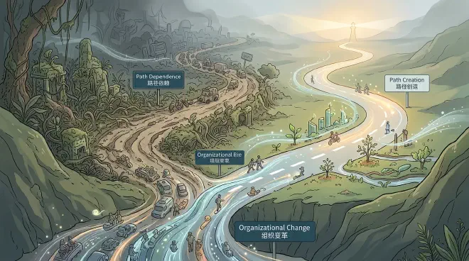 A visual metaphor depicting two winding paths: an old, overgrown, and partially crumbling dirt road representing 'path dependence' alongside a newly paved, illuminated, and actively used road representing 'path creation,' with a clear divergence where new traffic flows to the new path, signifying strategic change and bypassing old obstacles.