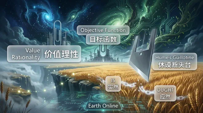 An intricate, high-tech interface or cosmic game backend, with glowing lines of code and data flowing, representing the "Earth Online" universe. A large, abstract guillotine blade is symbolically severing a chain between "IS" and "OUGHT" text, embodying Hume's guillotine. Below, a vast, star-strewn field extends towards a subtle, deep chasm or cliff edge, signifying the universe's inherent "hard constraints" and the absence of a visible leaderboard or explicit reward system.