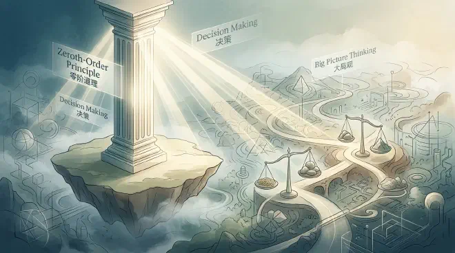 A metaphorical image depicting the essence of the zeroth-order principle: a single, colossal, and clearly illuminated foundational element standing prominently amidst a complex, bustling landscape of numerous smaller, less defined details. It visually represents discerning the most crucial, dominant truth or causal factor (the "bridge") from a multitude of correct but secondary considerations (the "trees"), emphasizing clarity, stability, and the overarching importance of foundational principles for a big-picture perspective.