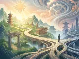 A lone figure stands at a crossroads, with one path illuminated by a rising sun over traditional Eastern landscapes and another by a setting sun over modern Western cityscapes, symbolizing diverse cultural approaches. Turbulent winds of societal change and economic trends swirl around the figure, emphasizing the complex interplay between individual effort, strategic choice, and the prevailing times.