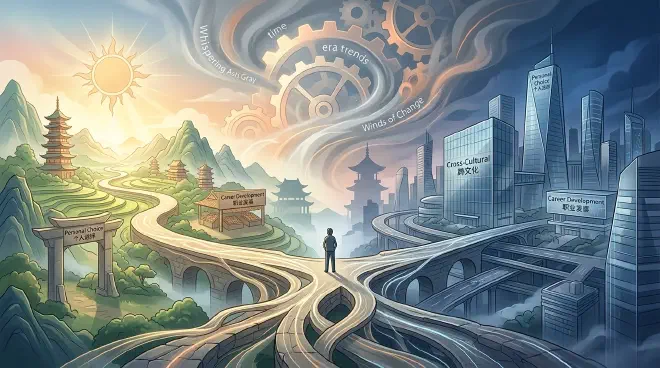 A lone figure stands at a crossroads, with one path illuminated by a rising sun over traditional Eastern landscapes and another by a setting sun over modern Western cityscapes, symbolizing diverse cultural approaches. Turbulent winds of societal change and economic trends swirl around the figure, emphasizing the complex interplay between individual effort, strategic choice, and the prevailing times.