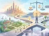 A reflective illustration of a person standing at a crossroads, with different paths illuminated by contrasting social values and opportunities: skyscrapers suggesting ambition, and a quiet landscape suggesting work-life balance. A glow around the figure's head evokes clarity of mind amid the interplay of effort, choice, and circumstance.