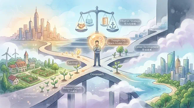 A thoughtful visual metaphor showing a person at a crossroads, where paths are illuminated by different societal values and opportunities (e.g., a towering skyscraper for ambition, a serene landscape for work-life balance). The person's mind glows with clarity, symbolizing the integration of effort, choice, and context for long-term success.