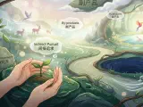 A serene, lush forest with a single, brightly colored, rare bird gently landing on a branch of a flourishing tree, observed from a distance, symbolizing that the most precious things appear when nurtured indirectly rather than directly pursued.