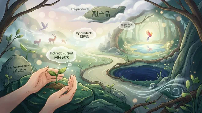 一片宁静茂密的森林中，一只色彩斑斓的珍稀鸟儿轻柔地栖息在枝繁叶茂的树梢，从远处观望，象征着最珍贵的事物并非刻意追逐所得，而是通过间接培养而自然显现。