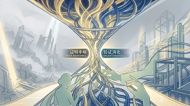 一张风格化的图像，描绘数学知识的演变。从画面一侧，代表 AI 生成证明的数字光线或线条迅速涌现，而另一侧的人手或人形则小心翼翼地编织、验证、解释并整合这些原始输出，将其塑造成一个坚固、结构化的理论框架，象征着在 AI 时代，数学的重点从证明生成转向理解与责任。