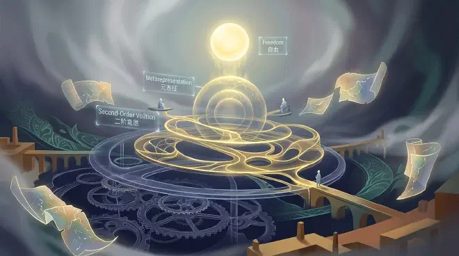 一幅富有隐喻色彩的图像，描绘了一个处于深刻自我反思状态的人脑。画面中，错综复杂的、分层的思维模式和抽象符号交织，部分层面代表着一阶欲望和固有的思维框架，而更高级、更明亮的层面则主动地审视、质疑并重塑这些模式。画面中央，一团超然的光芒或能量象征着“应无所住”的心智，通过超越自身的内在结构而获得真正的自由。整体氛围宁静而赋有力量感。