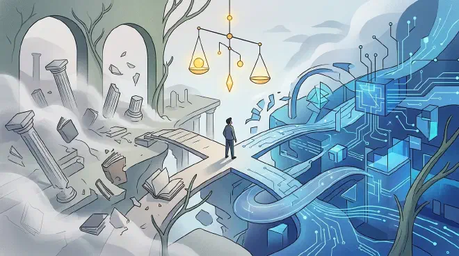 A conceptual image depicting a person at a crossroads, symbolizing a PhD graduate contemplating their career path. One direction leads to a traditional academic setting with books and research, while the other transitions into a dynamic industrial landscape with AI elements like code and data. A scale in the foreground or background subtly represents the weighing of options and the evolving value of their doctoral training in the age of AI.