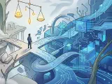 A conceptual image depicting a person at a crossroads, symbolizing a PhD graduate contemplating their career path. One direction leads to a traditional academic setting with books and research, while the other transitions into a dynamic industrial landscape with AI elements like code and data. A scale in the foreground or background subtly represents the weighing of options and the evolving value of their doctoral training in the age of AI.