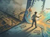 A person breaking free from a series of pre-drawn lines or a grid, instead sketching their own intricate blueprint of interconnected paths and questions, symbolizing the act of taking control by framing one's own reality and exercising strategic power.