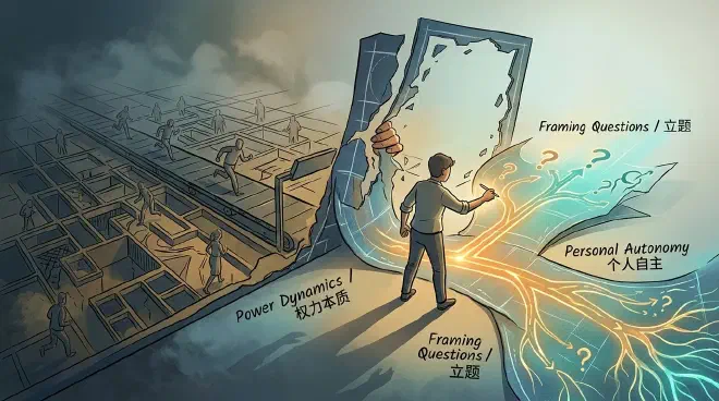 A person breaking free from a series of pre-drawn lines or a grid, instead sketching their own intricate blueprint of interconnected paths and questions, symbolizing the act of taking control by framing one's own reality and exercising strategic power.