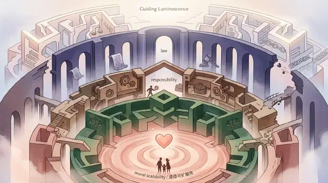 A visual metaphor depicting a ladder or a series of concentric circles, illustrating increasing scales of human interaction from individual/family to global society. Each level features distinct symbols representing the 'moral currency' or governing principles (e.g., 'love' for family, 'reciprocity' for clan, 'responsibility' for organization, 'law' for nation, and 'verifiable commitment' for global affairs), emphasizing that virtues applicable to smaller scales may lead to negative consequences when misapplied to larger systems.