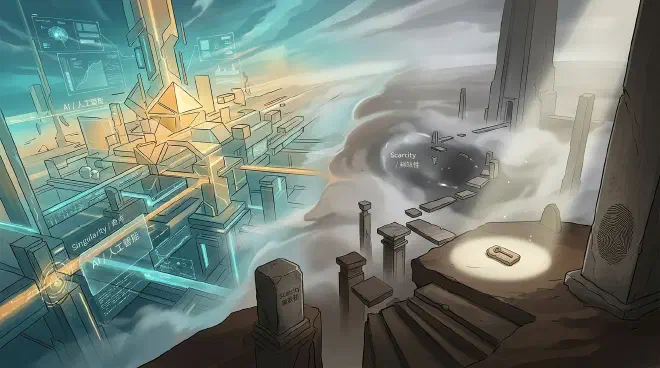 A conceptual image depicting a stark divide: one side is an effervescent, rapidly evolving digital landscape symbolizing the AI Singularity's transformative power, with intricate neural networks and flowing data. The other side portrays timeless, foundational elements of human existence – perhaps a single, precious object or a vast, empty space representing scarcity, highlighting the enduring aspects amidst technological upheaval.