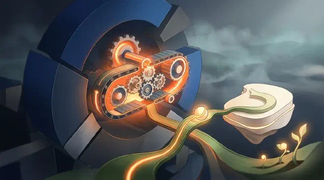 An abstract visual representation of the 'Discovery Loop' concept, depicting a cyclical process of scientific research automation with interconnected nodes for hypothesizing, designing, executing, and evaluating experiments, emphasizing iterative learning and feedback loops in AI research.
