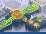 An abstract depiction of a highly efficient, automated factory floor, symbolizing optimized large language model (LLM) inference. GPU units, represented as high-speed machines, are seamlessly supplied with data from dynamic, modular storage units (Key-Value cache), illustrating the principles of PagedAttention and continuous batching in maximizing throughput and minimizing waste.