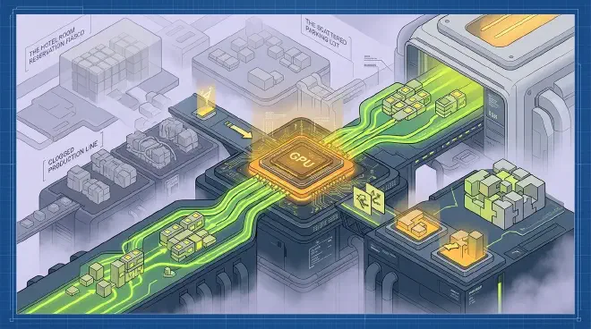 An abstract depiction of a highly efficient, automated factory floor, symbolizing optimized large language model (LLM) inference. GPU units, represented as high-speed machines, are seamlessly supplied with data from dynamic, modular storage units (Key-Value cache), illustrating the principles of PagedAttention and continuous batching in maximizing throughput and minimizing waste.