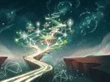 一幅充满活力的比喻性图片，描绘了一条蜿蜒的小径从一片严峻的风景中蜿蜒而出，其中隐约可见“悬崖”或边界。前方，小径分叉成无数发光、飘渺的可能性，延伸至无限的、点缀着星光的宇宙深处。前景展示了从路径中“生长”出的初生、复杂的结构，象征着新可能性的生成以及宇宙中日益增长的复杂性。
