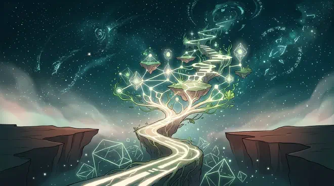 一幅充满活力的比喻性图片,描绘了一条蜿蜒的小径从一片严峻的风景中蜿蜒而出,其中隐约可见“悬崖”或边界。前方,小径分叉成无数发光、飘渺的可能性,延伸至无限的、点缀着星光的宇宙深处。前景展示了从路径中“生长”出的初生、复杂的结构,象征着新可能性的生成以及宇宙中日益增长的复杂性。