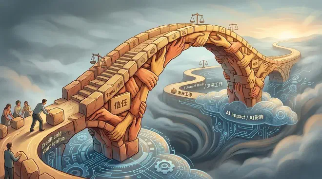 An abstract image depicting a sturdy bridge forming from interlocking hands, symbolizing trust, connection, and responsibility, while in the background, digital patterns or gears subtly hint at AI and automated capabilities. The hands represent the human element crucial for building long-term credibility in an AI-driven world.