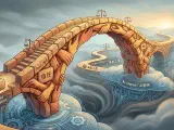 An abstract image depicting a sturdy bridge forming from interlocking hands, symbolizing trust, connection, and responsibility, while in the background, digital patterns or gears subtly hint at AI and automated capabilities. The hands represent the human element crucial for building long-term credibility in an AI-driven world.