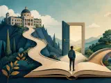 Two paths leading to different university buildings pass through a book, a bridge, and an open door, representing opportunity, cost, and uncertainty in choosing a university.