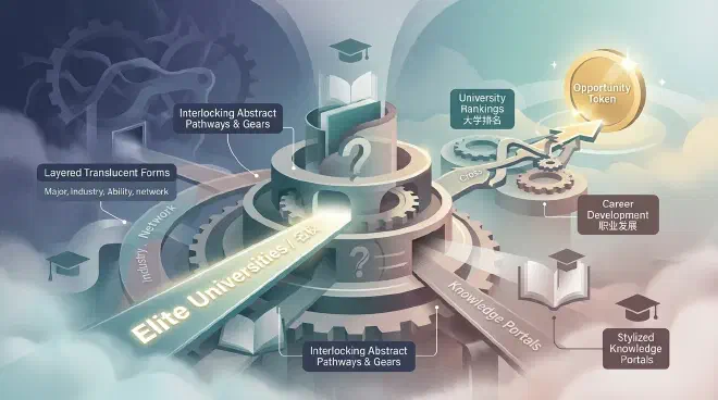 An abstract visual representing a complex decision-making process, with multiple overlapping paths and contributing factors like a university emblem, a graduating cap, a monetary symbol, and a question mark, all intertwined to illustrate the nuanced relationship between elite education and career outcomes.