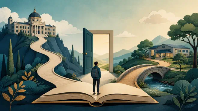 Two paths leading to different university buildings pass through a book, a bridge, and an open door, representing opportunity, cost, and uncertainty in choosing a university.