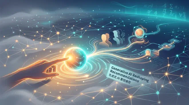 A vibrant, interconnected network of digital nodes and lines, symbolizing recommendation algorithms. In the center, a luminous orb represents generative AI, casting new light on the traditional data flow. A human hand gestures towards the orb, indicating direct natural language input, while the network visibly shifts and reconfigures, showing personalized content streams forming. This illustrates the evolution from implicit behavioral analysis to explicit, generative interactions.