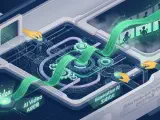A conceptual illustration depicting a dynamic, interconnected network of luminous lines and nodes, forming a complex production pipeline. Within this structure, stylized graphic elements representing individual video frames and character models seamlessly transition, symbolizing the continuous flow of content from initial AI generation to a fully developed, multi-episode animated series. The background subtly suggests data streams and creative energy, emphasizing the systematic transformation of discrete AI outputs into coherent narrative arcs.