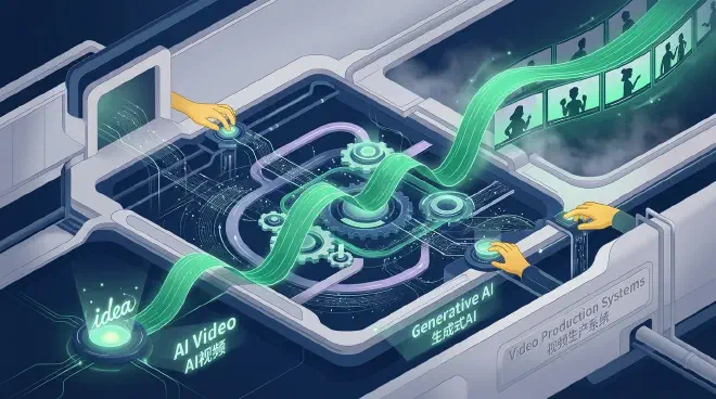 A conceptual illustration depicting a dynamic, interconnected network of luminous lines and nodes, forming a complex production pipeline. Within this structure, stylized graphic elements representing individual video frames and character models seamlessly transition, symbolizing the continuous flow of content from initial AI generation to a fully developed, multi-episode animated series. The background subtly suggests data streams and creative energy, emphasizing the systematic transformation of discrete AI outputs into coherent narrative arcs.