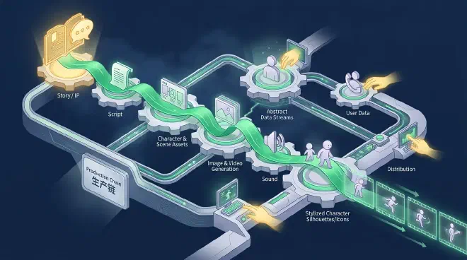A dynamic conceptual illustration shows the AI video production pipeline as a luminous emerald green ribbon of light. Originating from a warm goldenrod &lsquo;story&rsquo; icon, the ribbon flows through interconnected pearl grey gears and nodes, representing stages like script, assets, video generation, and editing. Abstract emerald green data streams connect these components. Stylized character silhouettes gradually form within the ribbon, which culminates in a sequence of glowing video frames with character movements. Subtle warm goldenrod human hands interact with control points, symbolizing human-AI collaboration against a deep midnight blue background.