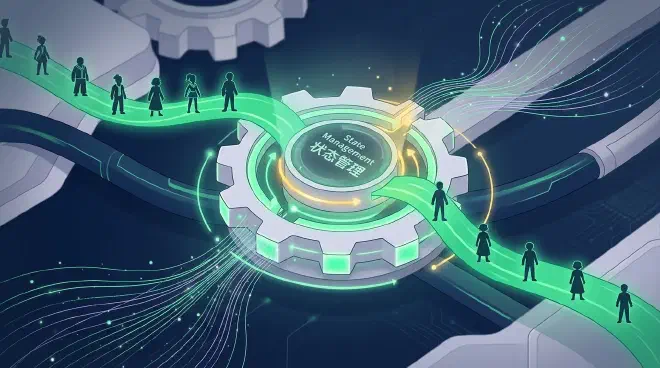 A conceptual illustration showing a luminous emerald green ribbon, symbolizing narrative continuity, passing through a pearl grey gear-like node representing state management. Stylized character silhouettes enter the node in varied forms and emerge perfectly consistent along the ribbon, demonstrating how character identity is maintained across continuous AI video production. Abstract data streams flow around the system.