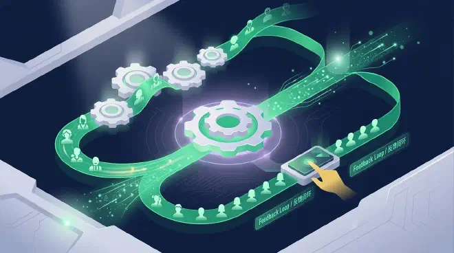 A conceptual illustration depicting a self-reinforcing feedback loop in AI video production. A luminous emerald green data ribbon flows from a central recommendation system node, through a series of interlocking gears representing content production. Stylized character silhouettes emerging from production initially show diversity but gradually converge into a more homogenous set as the ribbon loops back to feed data into the recommendation system, illustrating how recommendation biases can lead to production convergence and reduced content diversity. A goldenrod hand interacts with a control panel, symbolizing human input within this automated cycle. The overall setting is a deep midnight blue, intricate technological environment.