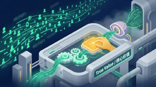 A conceptual illustration contrasts abundant, low-cost AI content generation with the scarce, high-value elements crucial for success. In the background, numerous generic character silhouettes and emerald data streams flow rapidly, symbolizing easy, high-volume production. In the foreground, a robust, intricate system of soft pearl grey gears and emerald light ribbons represents a stable production pipeline. Within this system, a glowing warm goldenrod core, symbolizing unique story and IP, is carefully guided by a stylized human hand. Nearby, an abstract lens or mind, accented with lavender and goldenrod, precisely analyzes incoming data streams, signifying deep audience understanding. The image highlights that while generation is cheap, human insight, strong IP, and stable systems become paramount.