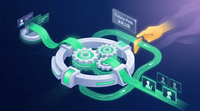 A conceptual illustration showing a sophisticated AI content production system. A glowing central gear represents integrated AI, processing an emerald green data stream that forms a feedback loop. This loop generates video frames with stylized character silhouettes, then feeds back to influence future output. A stylized golden hand oversees a critical decision point in the loop, symbolizing human judgment guiding the future of content beyond simple repetition.