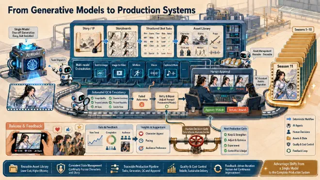 Infographic comparing single-shot generation versus continuous AI video production systems