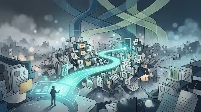 A professional illustration depicting a complex, interconnected network of documents and data within an enterprise, symbolizing vast and often fragmented knowledge. A glowing, intelligent path or beam of light (representing RAG) navigates through this complexity, leading directly to a precise, verifiable answer, while subtle layers around the network suggest robust security and governance frameworks.