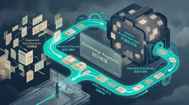 A stylized illustration showing an abstract, dark blue and charcoal grey computational core, representing an LLM’s internal knowledge. A bright, luminous teal pathway, symbolizing RAG, extends from a translucent interface, actively navigating through scattered beige and sage green data fragments, representing external enterprise knowledge. The pathway illuminates and gathers these fragments, guiding them back to augment the LLM core. Subtle gears are integrated along the teal pathway, indicating the systematic process of retrieval.