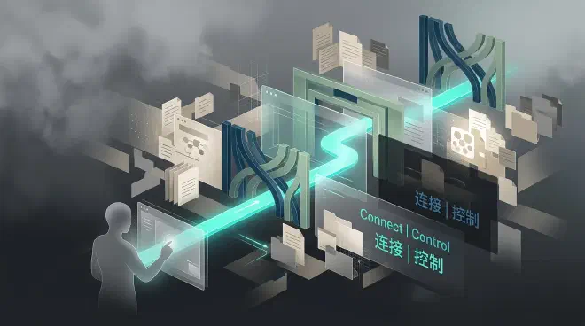 A conceptual illustration showing a luminous teal pathway, representing AI-driven knowledge connection, navigating through scattered, fragmented enterprise data. The pathway is dynamically constrained and filtered by translucent blue and green architectural gates and screens, symbolizing access control and permission boundaries, as a subtle human silhouette interacts with an interface in the foreground.