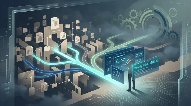 A stylized illustration depicts a subtle human silhouette evaluating multiple luminous pathways branching from a dense cluster of fragmented, beige and grey data structures. One pathway glows in luminous teal, representing RAG, while others suggest alternative solutions. Transparent screens with abstract metrics hover nearby, symbolizing the process of identifying and selecting valuable business cases for RAG implementation.