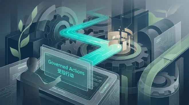 The illustration shows an advanced AI system, represented by a glowing teal pathway, actively integrating with a complex, dark blue and gray enterprise infrastructure composed of abstract gears and translucent governance layers. In the foreground, a subtle human silhouette interacts with a multi-layered digital interface displaying fine-grained controls, symbolizing human oversight and authorization over the system’s proactive actions. The pathway illuminates beige, fragmented data, indicating the system’s role in knowledge governance and gap identification.