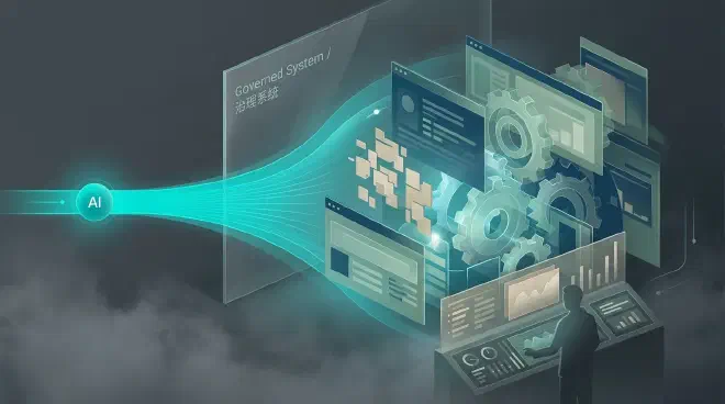 A stylized conceptual illustration showing a luminous teal pathway expanding into an intricate, multi-layered knowledge system. Interlocking gears and translucent screens in deep corporate blue and sage green represent governance and process, organizing fragmented beige data. A subtle human silhouette oversees this robust, accountable, and sustainable enterprise system.