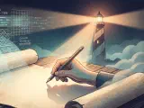 A metaphorical cartoon depicting human cognitive abilities declining as AI automates more tasks, illustrating a satirical 'singularity' where humanity becomes entirely reliant on machines and loses its independent thinking capacity.