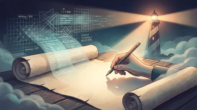 A metaphorical cartoon depicting human cognitive abilities declining as AI automates more tasks, illustrating a satirical 'singularity' where humanity becomes entirely reliant on machines and loses its independent thinking capacity.