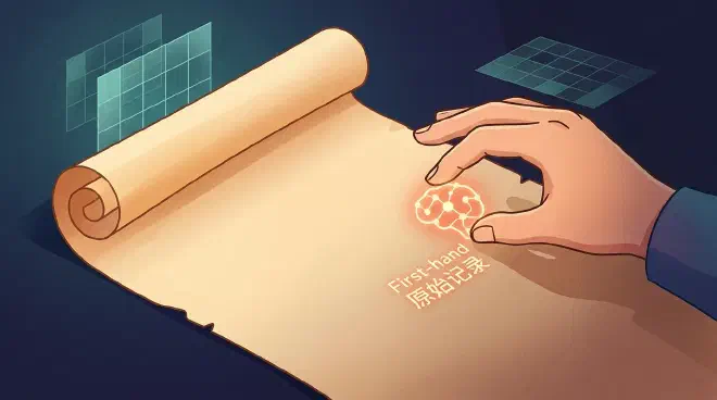 A stylized human hand gently places a glowing ember-colored abstract thought onto a section of a blank, unfurling parchment scroll. In the background, out of reach, translucent glacial teal geometric grids representing AI structures hint at automated organization. The image emphasizes the unique value of human observation and first-hand records that AI cannot generate, set against a deep indigo, contemplative backdrop.
