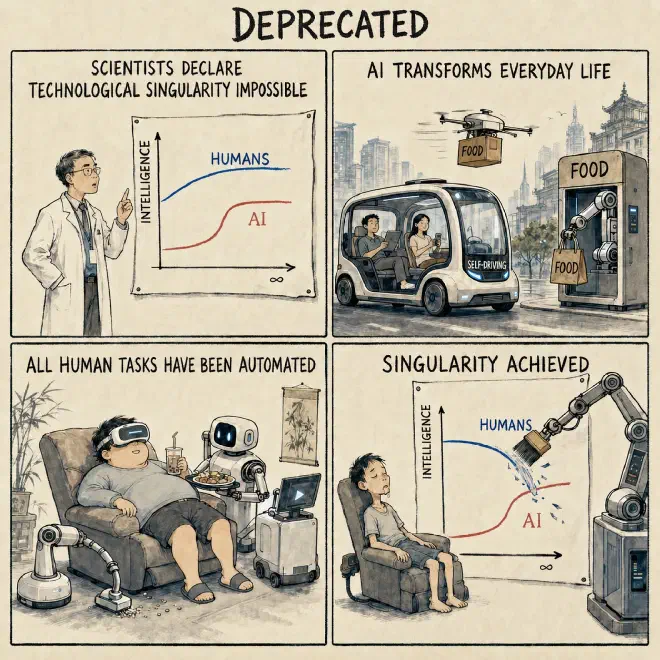 Comic adapted from MonkeyUser&rsquo;s &ldquo;Deprecated&rdquo;: After AI transforms daily life and automates human tasks, human capabilities continuously degenerate, ultimately reaching a &ldquo;singularity&rdquo; in a different way